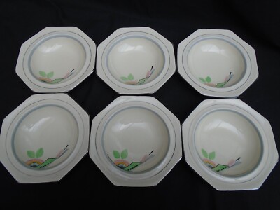 Art Deco Palissy Keramik Longton handbemalt achteckig Dessertschalen x6