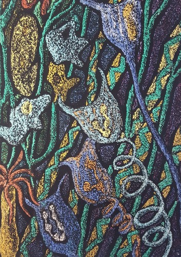 1970's Sgraffito Contemporary Abstract Acrylic Painting On Paper Strange Fruits - Picture 2 of 3