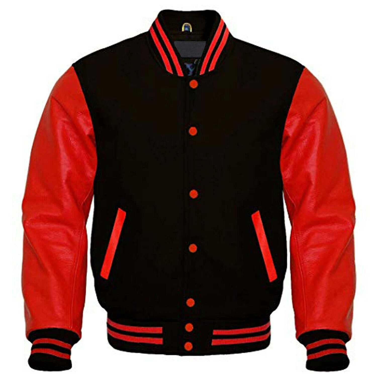 Varsity Letterman Baseball Bomber Jacket, Cowhide Leather Sleeves, Black And Red