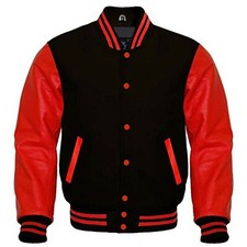 Varsity Letterman Baseball Bomber Jacket, Cowhide Leather Sleeves, Black And Red