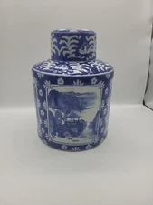 Vintage Blue and White Lidded Porcelain Tea Jar Asian Nature Village Scene