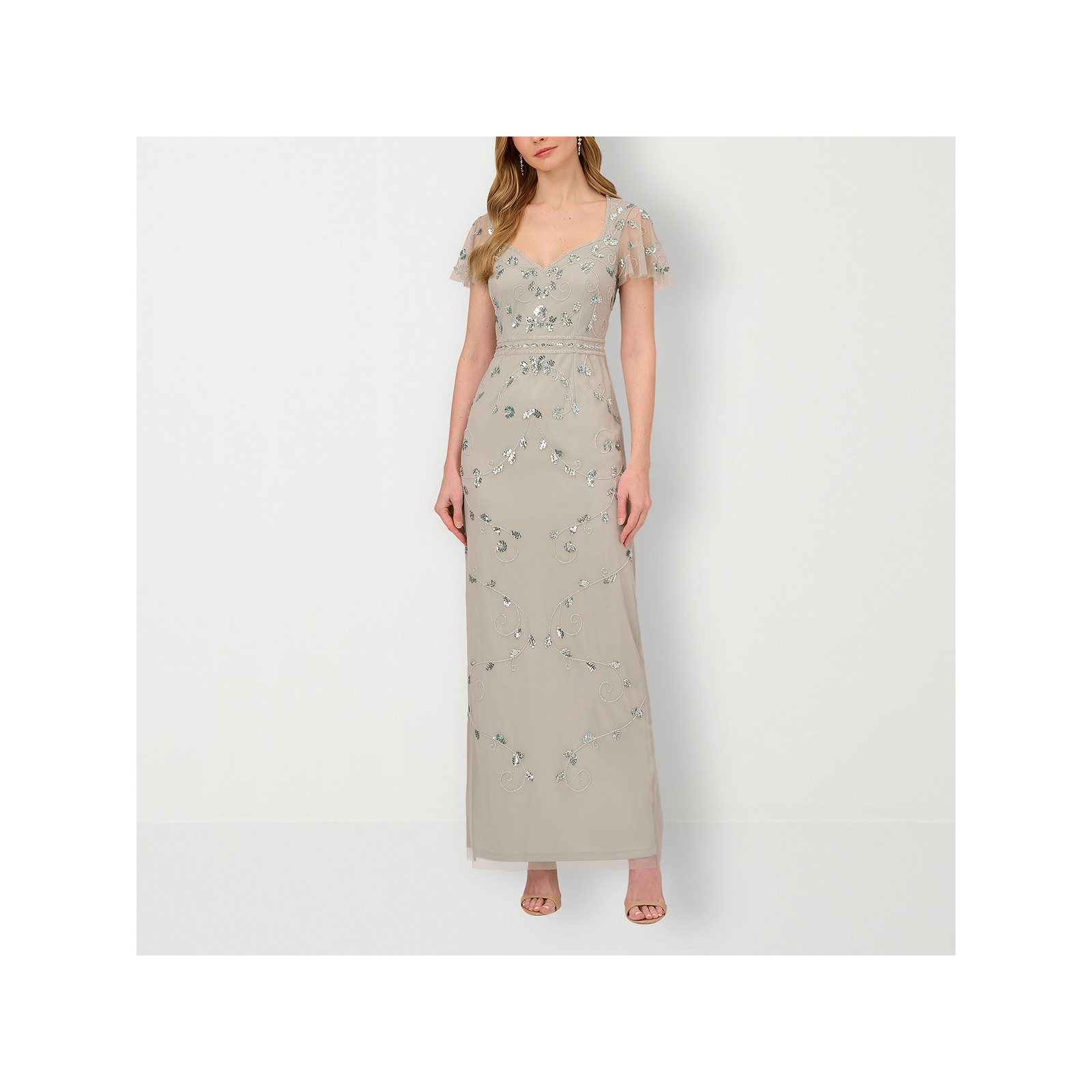 Papell Boutique Short Sleeve Beaded Evening Gown FROSTED SAGE 14