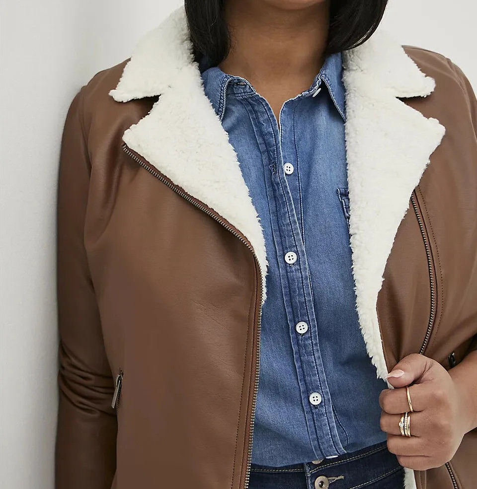 Torrid Cognac Faux Leather Sherpa Lined Moto Jacket Zip Cuffs 3 3x