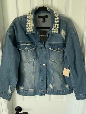 NWT - Forever 21 Distressed Denim Jacket With Pearl Collar