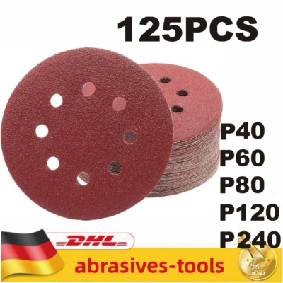 125 pièces meules 5" 125mm P40-240 ponceuse orbitale papier abrasif 8 trous - Photo 1/4