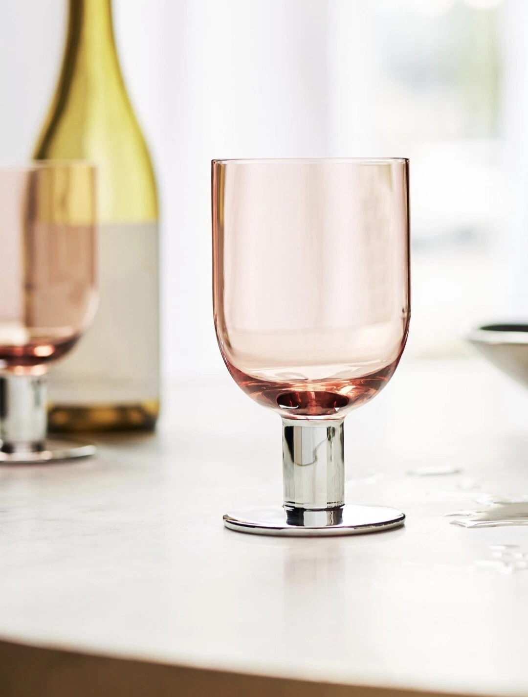 Anthropologie Bo Wine Glasses Coral Set Of 4 Silver Base  Stem NIB