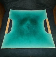 Ceramic Platter With Blue Crackle Glaze Finish And Bamboo Handles