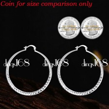 Real 925 Sterling Silver Tarnish-Resist Diamond-Cut 2" Medium Size Hoop Earrings