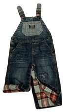 OshKosh B'Gosh 12M Blue Denim Vestbak Overalls Snap Crotch Flannel Lined Patch