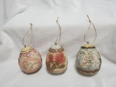 Hand Carved & Painted Spring/Easter Bunny & Flower Ornamental Eggs Set Of 3