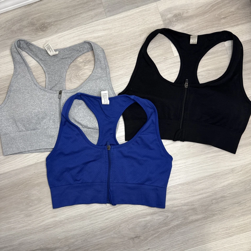 90 Degree by Reflex (3) Front Zipper Sports Bra Size XL Black, Gray & Blue - Image 4 of 4