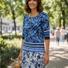 Eliza J Blue White Floral Border Print Sheath Dress Modest Chic Stretch Career 6