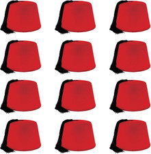 Red Felt Fez Hats   12 Pack, Classic Costume Accessory Caps with Tassels, Party