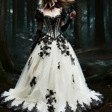 Vintage Black With Ivory Gothic Evening Dress Short Sleeves Medieval Lace Floral