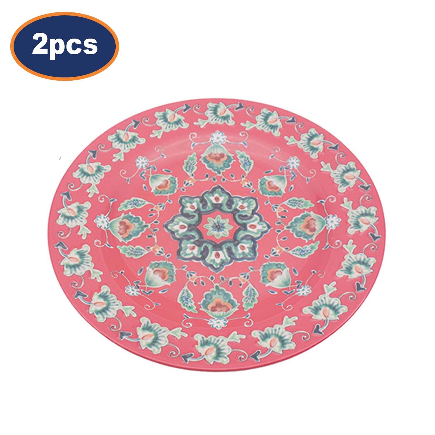 Red Tuscany Melamine Dinner Plates 28cm Round Floral Serving Plate Set 2Pcs