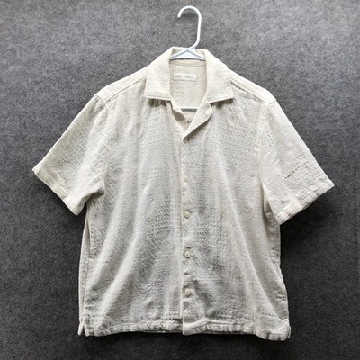 Zara Jacquard Texture Camp Collar Resort Shirt Mens M Ivory Cream Short Sleeve