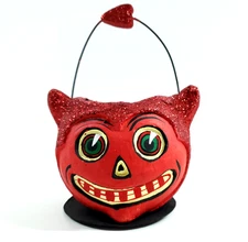 Department 56 Halloween Paper Mache Red Devil Candy Container Bucket Lantern