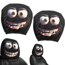 2Pcs Set of Funny Big-Eyed Grinning Cartoon Print Car Seat Headrest Covers TL