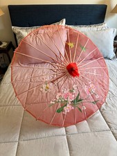 Vintage Hand Painted Paper Parasol Umbrella Bamboo Handle Floral Design 29"