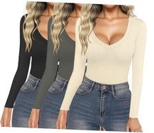3 Pack Long Sleeve Shirts for Women Deep V Neck Small Black/Darkgrey/Beige