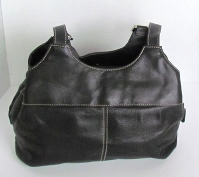 Black Leather Shoulder Bag white contrast stitching silver tone hardware hobo
