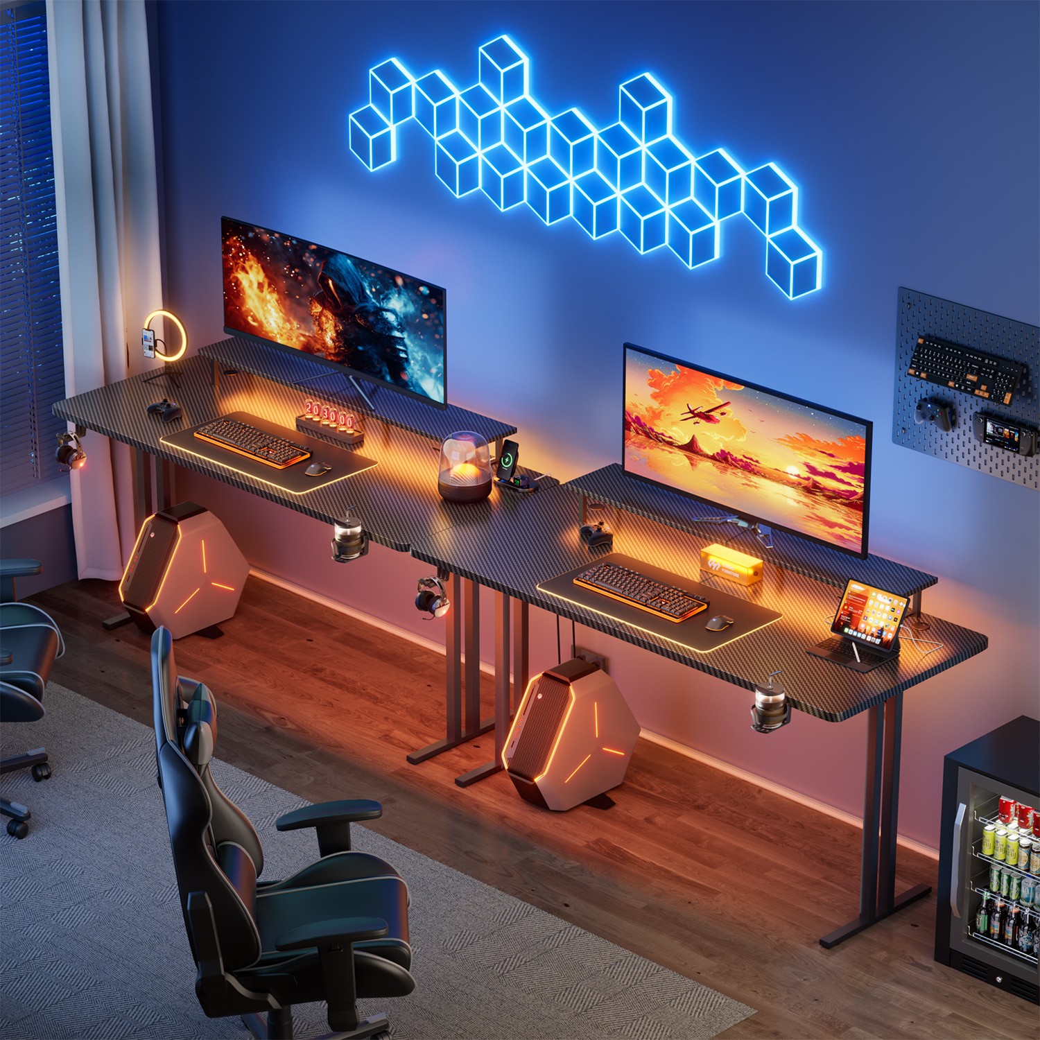 47/55/63" Gaming Desk with LED & Power Outlets, Computer Desk with Monitor Stand