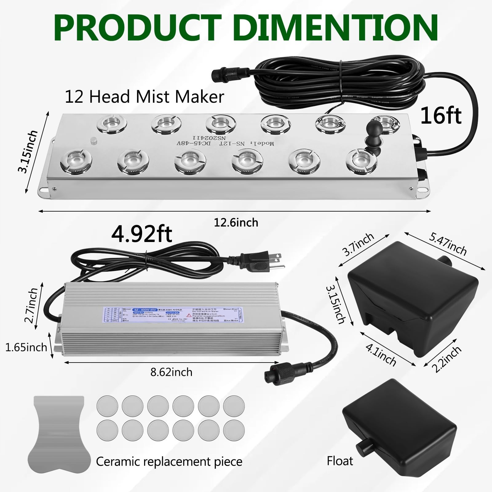 Ultrasonic Mist Maker 12 Heads, 9000ml/H Ultrasonic Fogger w/Float, 400W Wate...