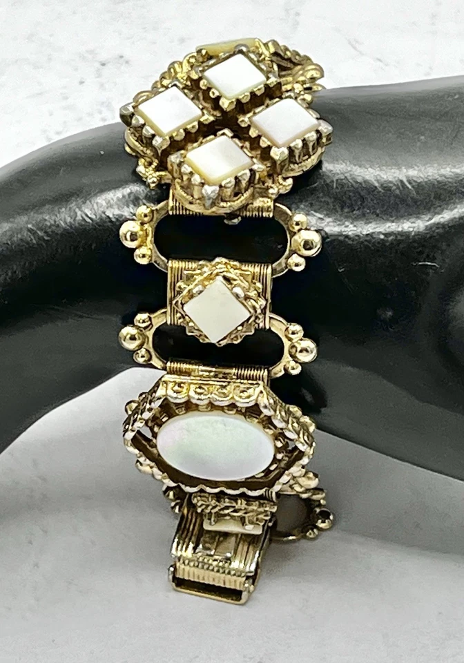 Vintage Bracelet Book Link Chain Goldtone Mother Of Pearl Victorian Revival - Image 2 of 4