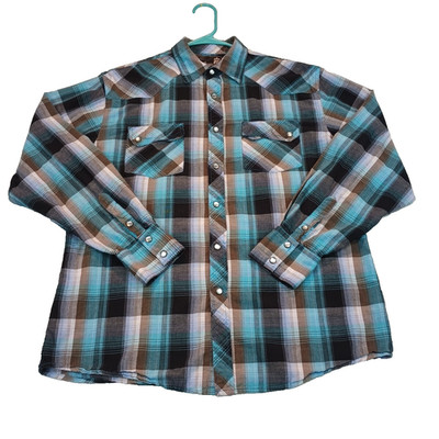 Elixir Shirt Men's M Long Sleeve Pearl Snap Cowboy Western Blue tartan Plaid
