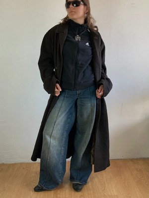 Coat Vintage Brown Wool High-Quality Long Unisex   M/L