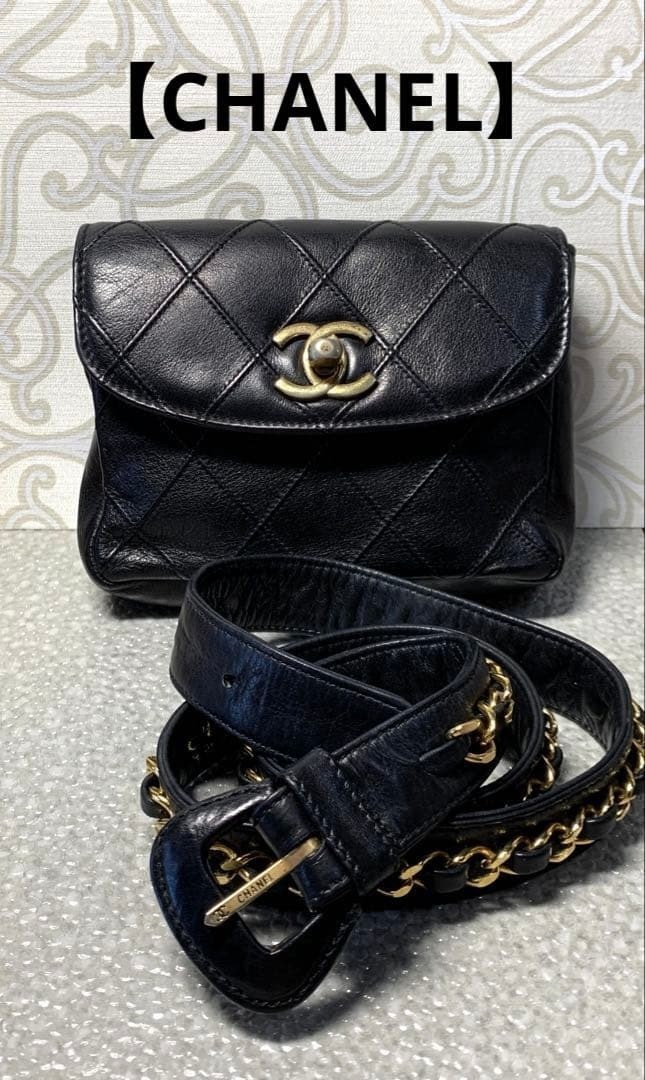 CHANEL CC Logo Waist Bag Black Lambskin Leather Vintage Auth