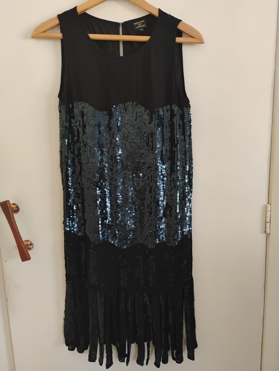 Kate Moss Topshop Chic Navy Chiffon Sequin Retro Flapper Dress UK8