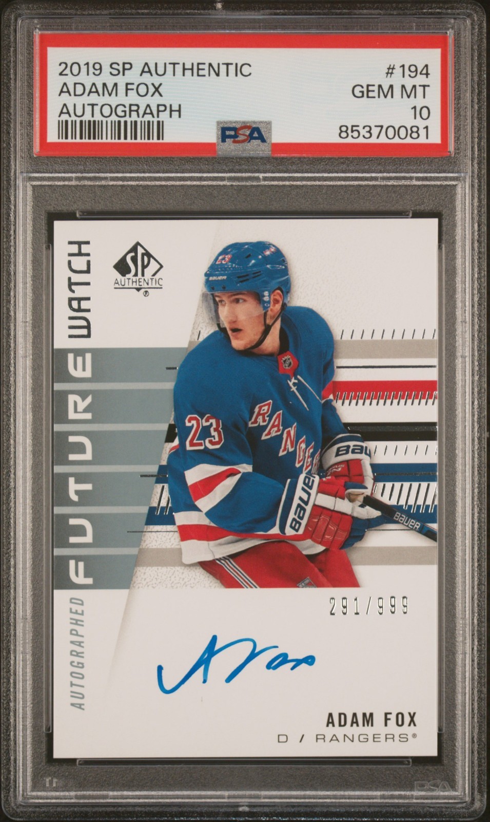 2019 Upper Deck SP Authentic Adam Fox Future Watch Auto /999 RC PSA 10
