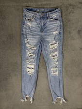 American Eagle Jeans Womens 4 Long Blue Light Wash Distressed Denim Mom Jean