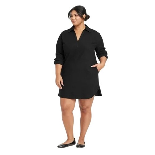 Universal Thread Women's Black V Neck Long Sleeve Linen Blend Shirt Dress Size M