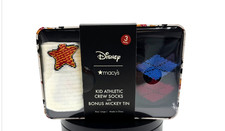 Disney Mickey Mouse 3-Pair Athletic Crew Socks Gift Set in Tin / Kids NWT
