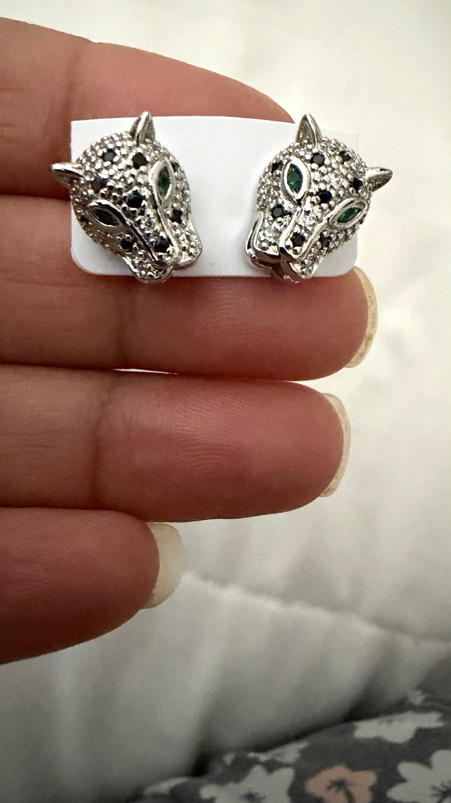 Silver Tone Cat Head Stud Earrings w/ Green Simulated CZ, Pavé, Butterfly