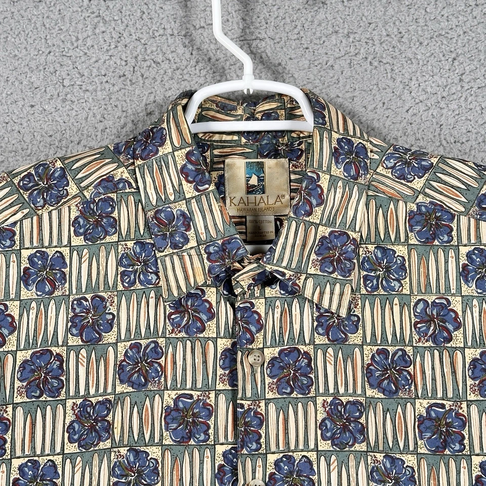Kahala 衬衫 L 码男式蓝色米色花卉冲浪板口袋海滩度假村阿罗哈 — 第 2/4 张图片