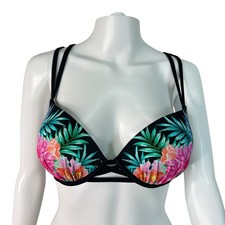 Shade Shore Bikini Top Push Up Halter Strappy Black Tropical Padded Size 34D