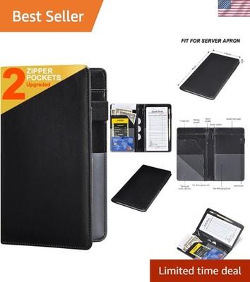 Elegant Faux Leather Server Book Organizer with Zipper Pocket - Classic Black