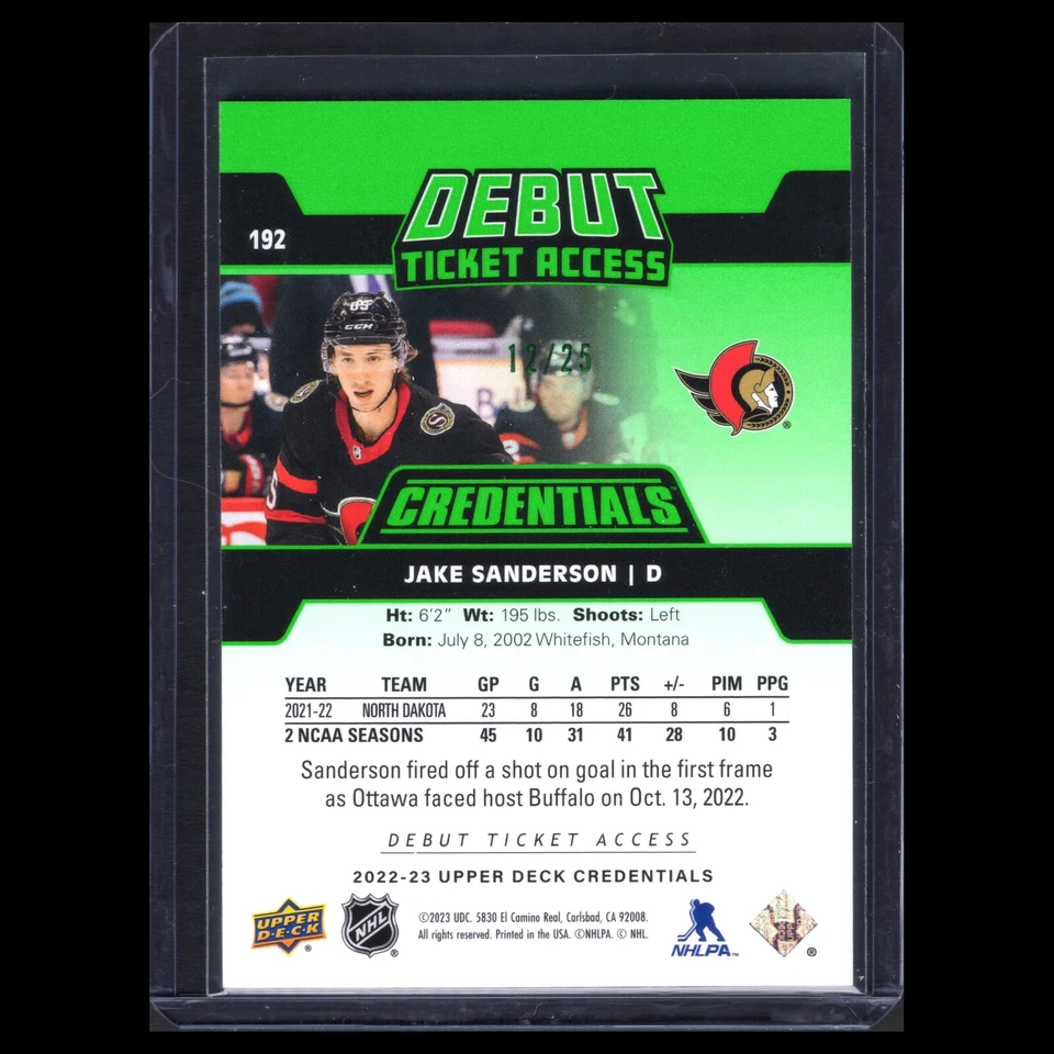 2022-23 UD Credentials JAKE SANDERSON #192 Debut Ticket Access Green RC 12/25 - Image 4 of 4