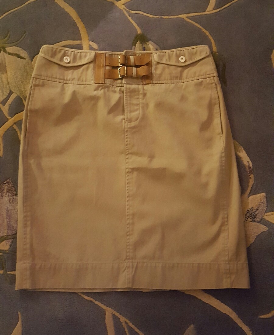 Ralph Lauren Pencil Tan Leather Trimmed Skirt Pockets Blue Label 100%  Cotton