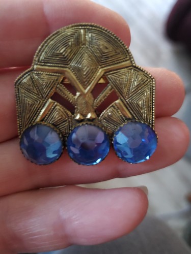 Antique Czech Art Deco Metal Belt Sash Buckle Gold Tone Blue Glass Stones - Picture 8 of 12