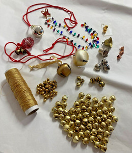 JINGLE BELLS CHRISTMAS CRAFTS, Necklaces. Pin, Bells and Gold Cord with Case