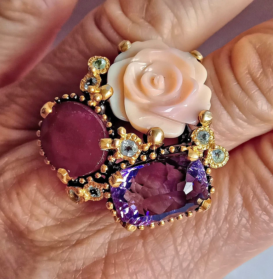 ANELLO ARG.ST. 925 BRUNITO: RUBINO MASSIVO, AMETISTA E CONCHIGLIA ROSA NATURALI - Immagine 4 di 4