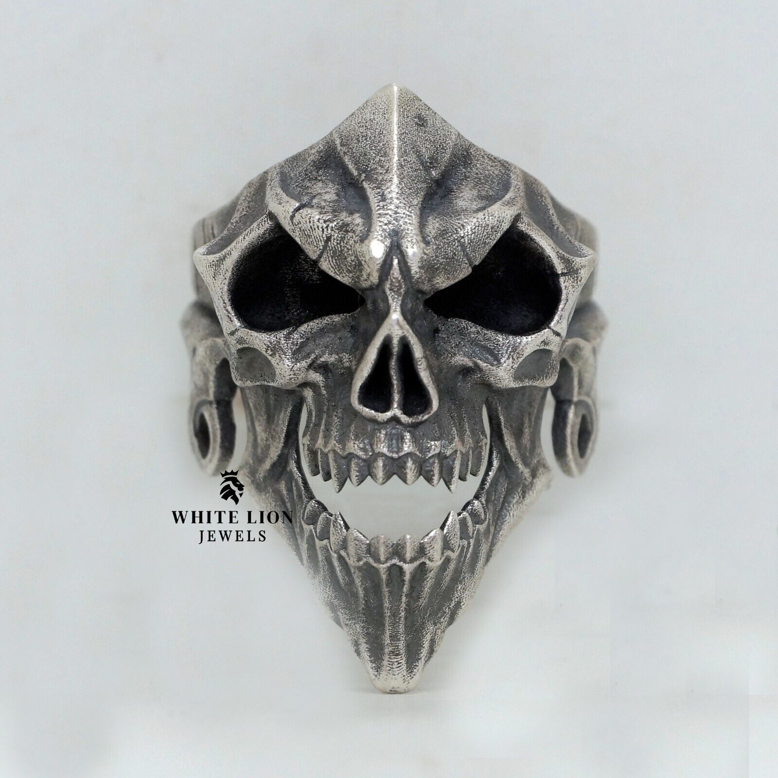 Skull Biker Ring sterling silver 925 bone open mouth Jaws motorcycle men  rocker