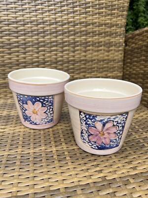 2x lila rosa Blütenblatt Übertopf Zimmer Pflanztopf Paar Vase Vintage Retro Keramik