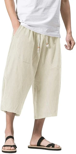 Pantalones capri holgados harén calce suelto cintura elástica 3/4 algodón lino para hombre - Imagen 13 de 24