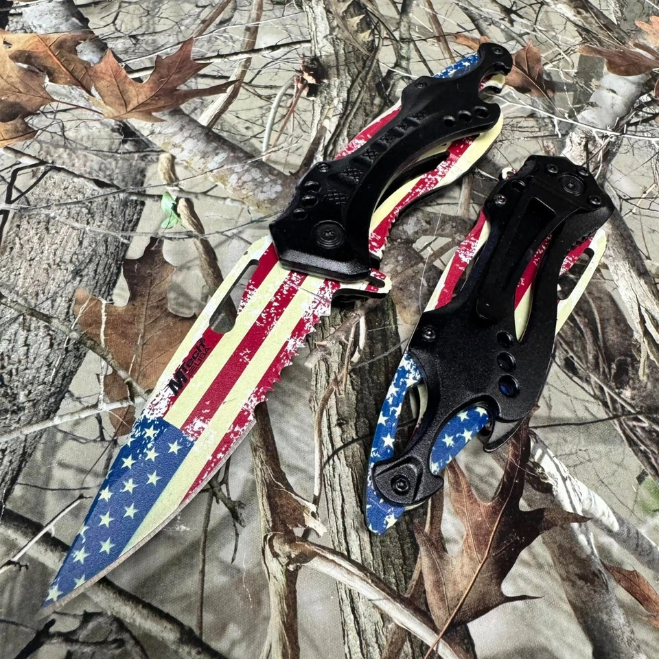 Cuchillo de hoja M-Tech Spring Open con BANDERA AMERICANA IMPRESA EN RELIEVE con abrebotellas Foto 3 de 4