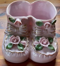 Vintage Pink Porcelain Baby Shoes Planter with Roses from Japan